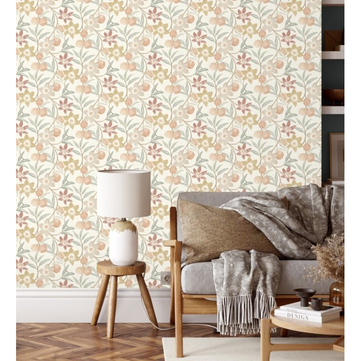 Papel pintado de frutas y flores estilo country tonos ocre beige y terracota - Rowan Nectarine 684300