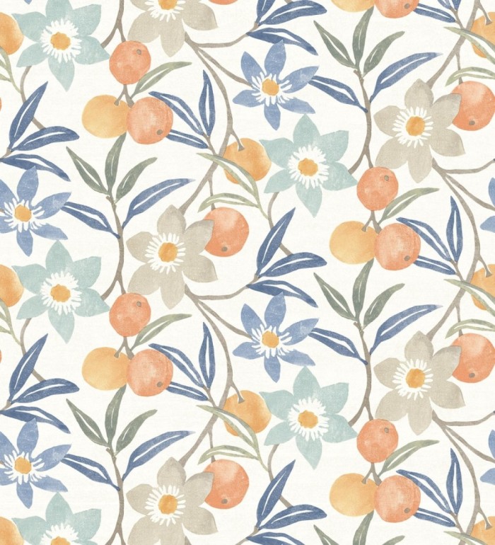 Papel pintado de frutas y flores estilo country tonos naranja azules y grises - Rowan Nectarine 684301
