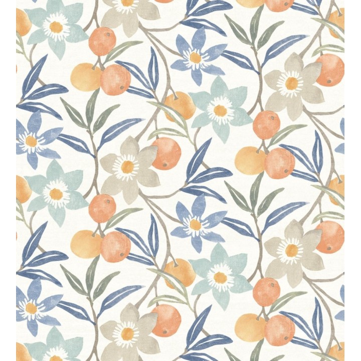 Papel pintado de frutas y flores estilo country tonos naranja azules y grises - Rowan Nectarine 684301