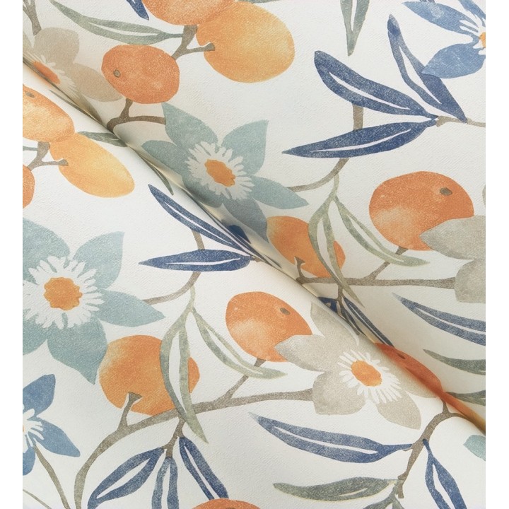 Papel pintado de frutas y flores estilo country tonos naranja azules y grises - Rowan Nectarine 684301