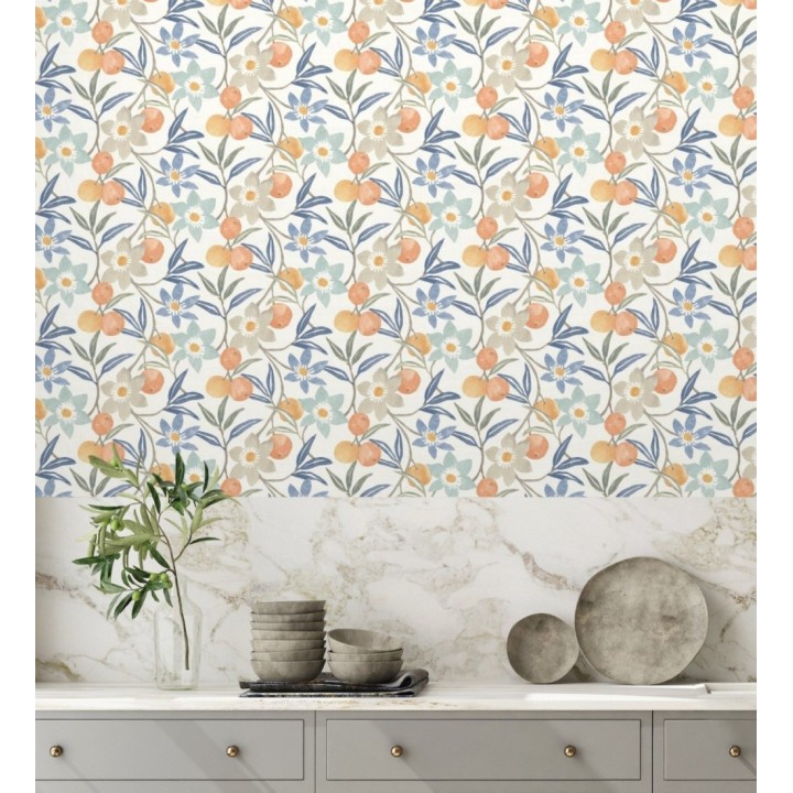 Papel pintado de frutas y flores estilo country tonos naranja azules y grises - Rowan Nectarine 684301