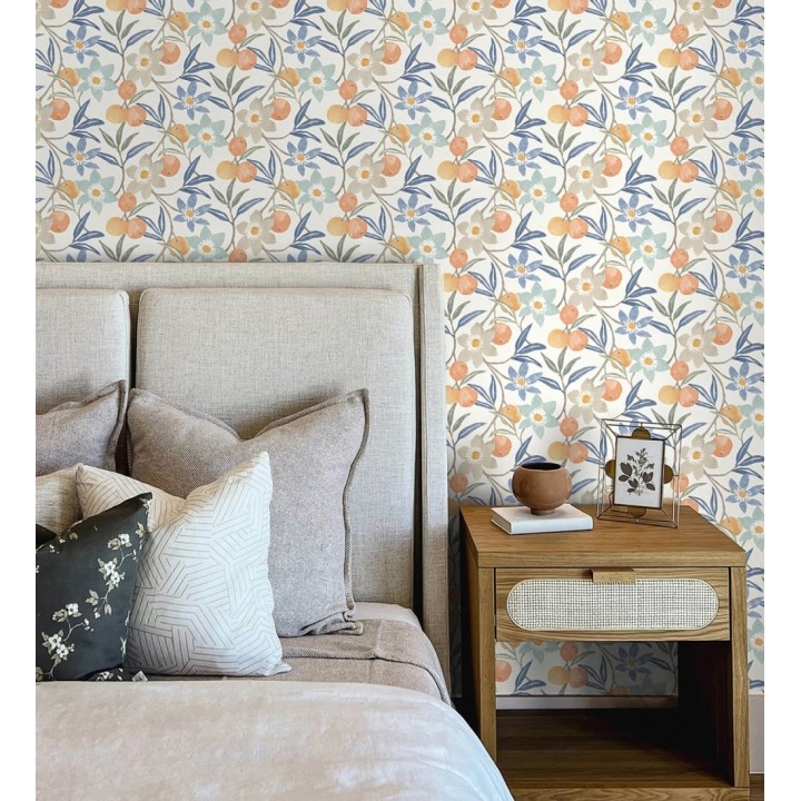Papel pintado de frutas y flores estilo country tonos naranja azules y grises - Rowan Nectarine 684301