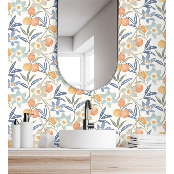 Papel pintado de frutas y flores estilo country tonos naranja azules y grises - Rowan Nectarine 684301