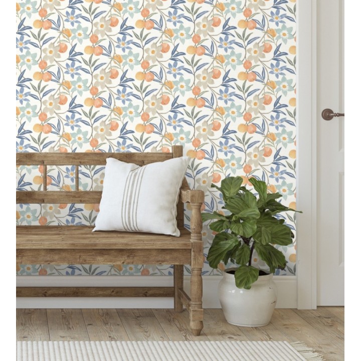 Papel pintado de frutas y flores estilo country tonos naranja azules y grises - Rowan Nectarine 684301