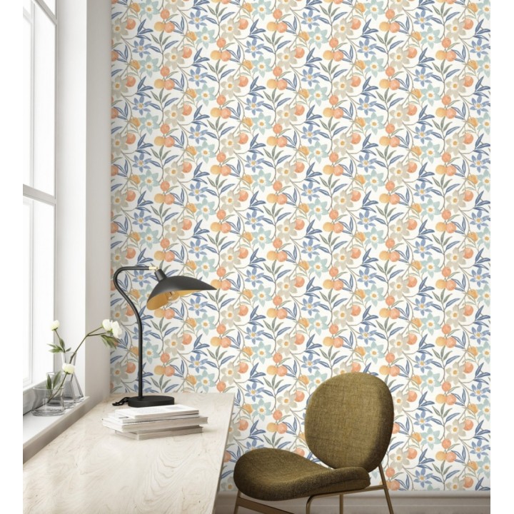 Papel pintado de frutas y flores estilo country tonos naranja azules y grises - Rowan Nectarine 684301