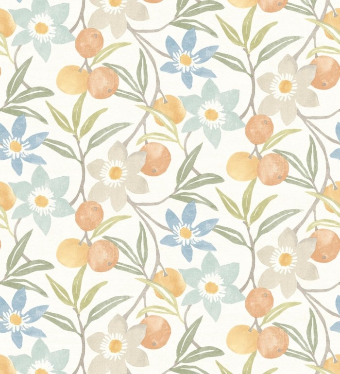 Papel pintado de frutas y flores estilo country tonos naranjas azules y verdes - Rowan Nectarine 684302