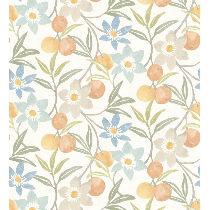 Papel pintado de frutas y flores estilo country tonos naranjas azules y verdes - Rowan Nectarine 684302