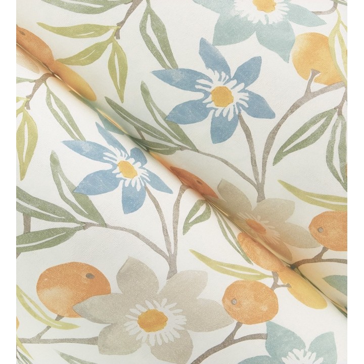 Papel pintado de frutas y flores estilo country tonos naranjas azules y verdes - Rowan Nectarine 684302