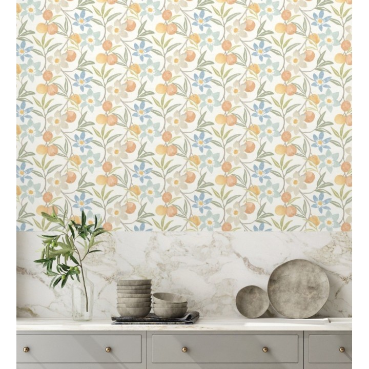 Papel pintado de frutas y flores estilo country tonos naranjas azules y verdes - Rowan Nectarine 684302
