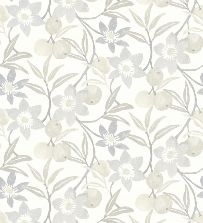 Papel pintado de frutas y flores estilo country tonos grises y beige - Rowan Nectarine 684303