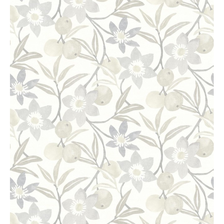Papel pintado de frutas y flores estilo country tonos grises y beige - Rowan Nectarine 684303