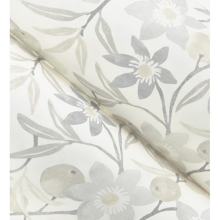 Papel pintado de frutas y flores estilo country tonos grises y beige - Rowan Nectarine 684303