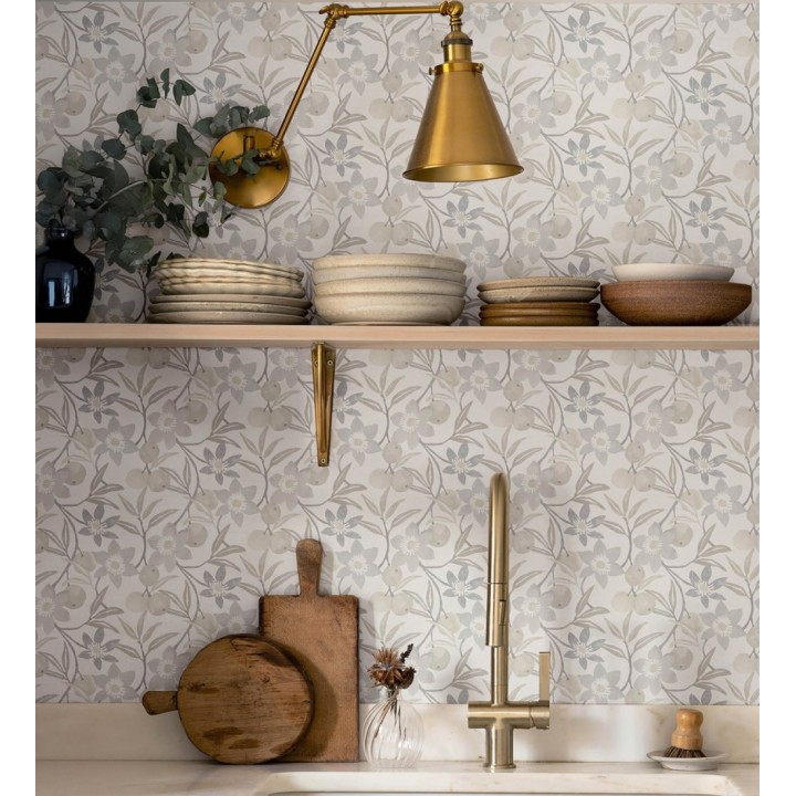 Papel pintado de frutas y flores estilo country tonos grises y beige - Rowan Nectarine 684303