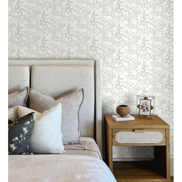 Papel pintado de frutas y flores estilo country tonos grises y beige - Rowan Nectarine 684303