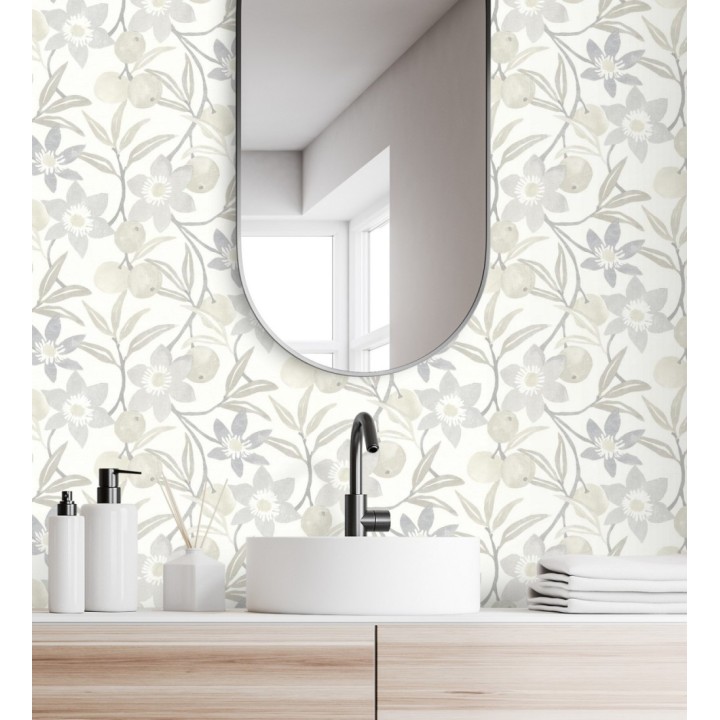 Papel pintado de frutas y flores estilo country tonos grises y beige - Rowan Nectarine 684303
