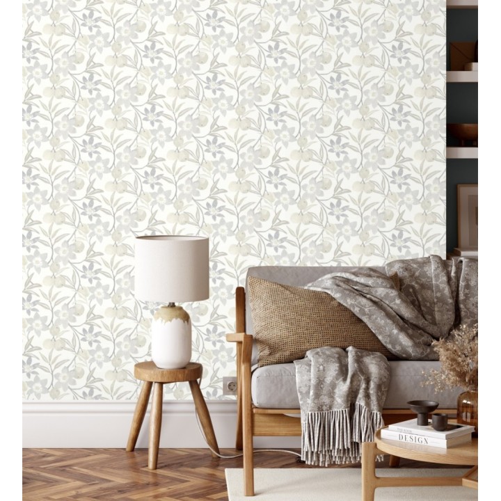 Papel pintado de frutas y flores estilo country tonos grises y beige - Rowan Nectarine 684303