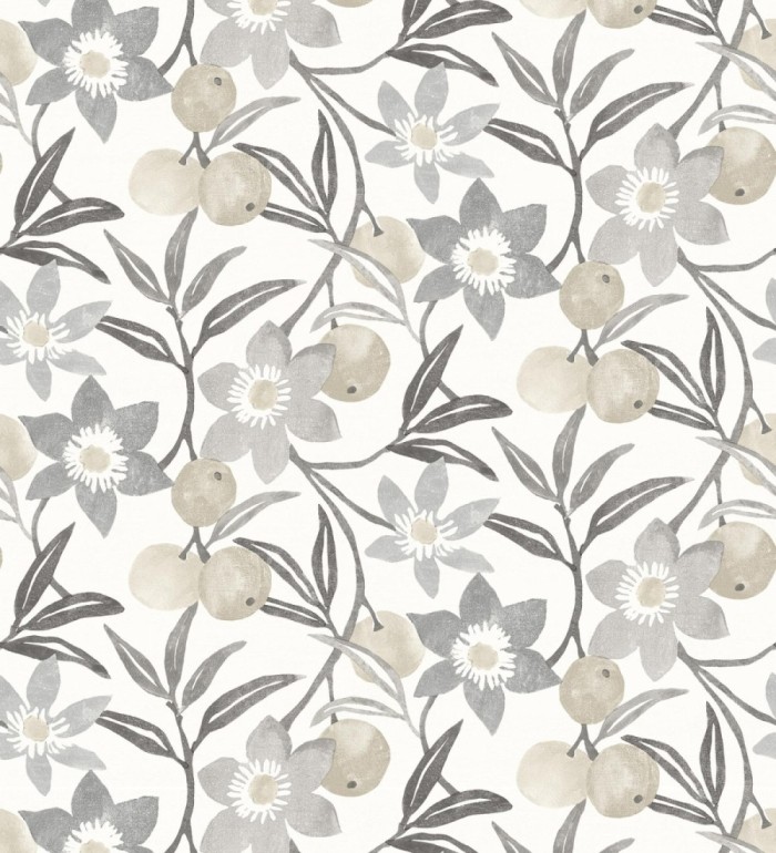 Papel pintado de frutas y flores estilo country tonos grises beige y negro - Rowan Nectarine 684304