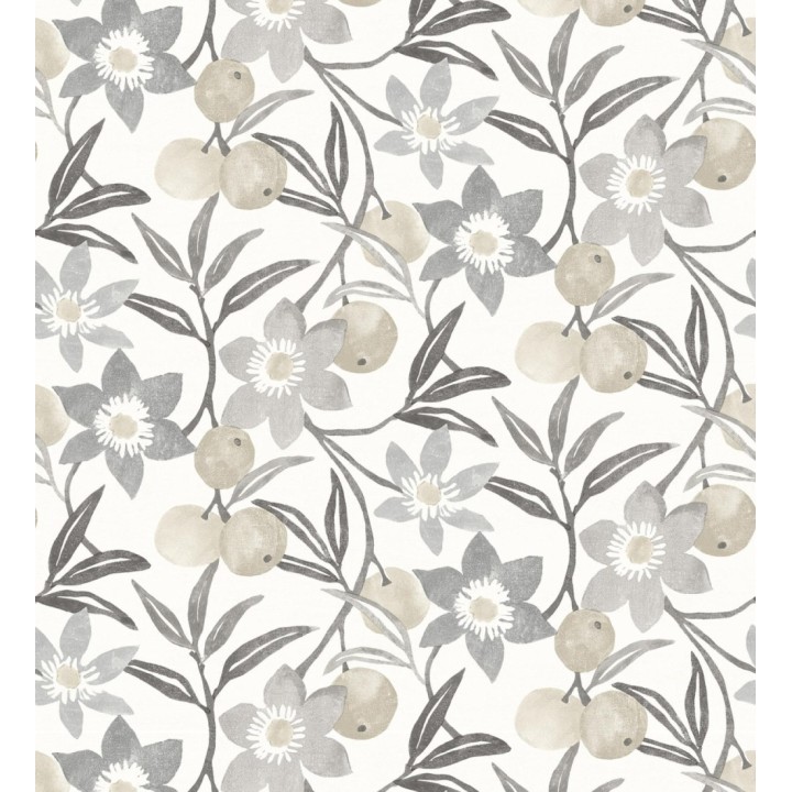 Papel pintado de frutas y flores estilo country tonos grises beige y negro - Rowan Nectarine 684304