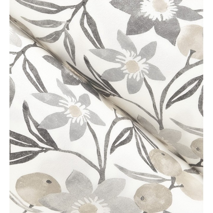 Papel pintado de frutas y flores estilo country tonos grises beige y negro - Rowan Nectarine 684304