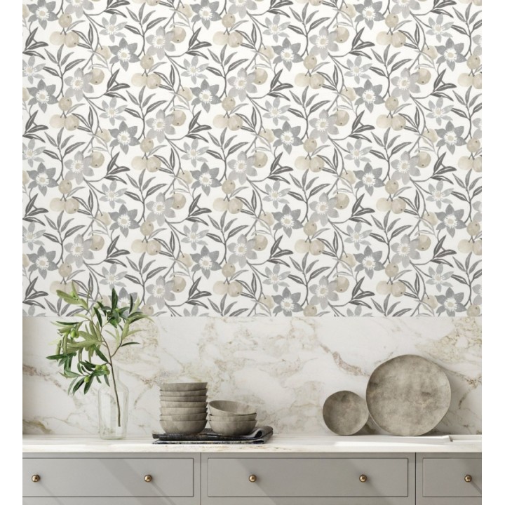 Papel pintado de frutas y flores estilo country tonos grises beige y negro - Rowan Nectarine 684304