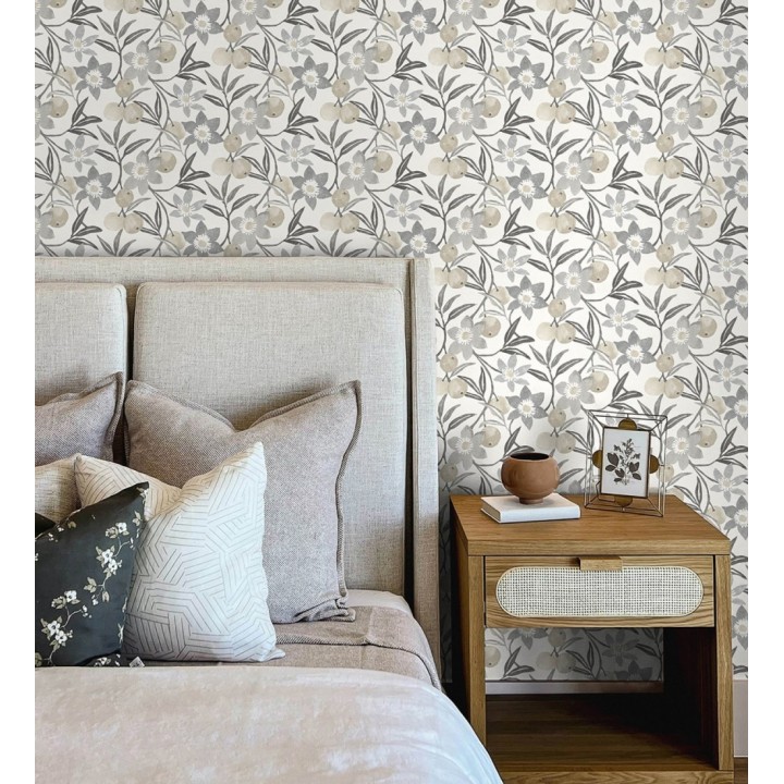 Papel pintado de frutas y flores estilo country tonos grises beige y negro - Rowan Nectarine 684304