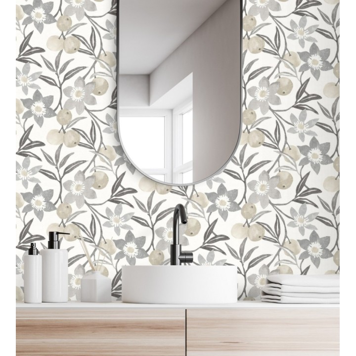 Papel pintado de frutas y flores estilo country tonos grises beige y negro - Rowan Nectarine 684304