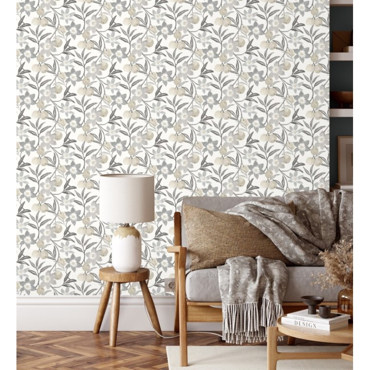 Papel pintado de frutas y flores estilo country tonos grises beige y negro - Rowan Nectarine 684304