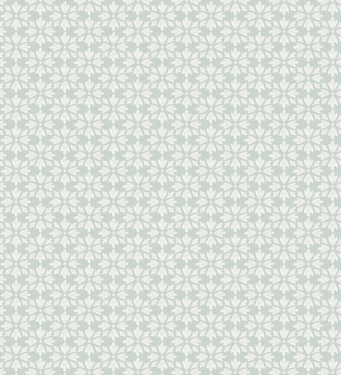 Papel pintado geométrico floral en estarcido blanco y fondo verde agua - Tampere Polaris 684305