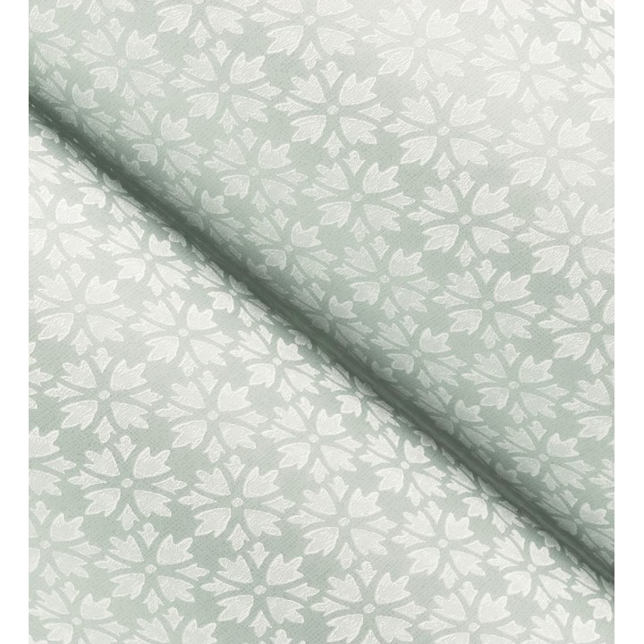 Papel pintado geométrico floral en estarcido blanco y fondo verde agua - Tampere Polaris 684305