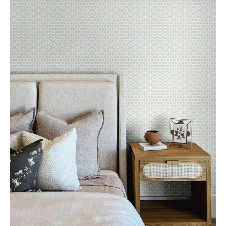 Papel pintado geométrico floral en estarcido blanco y fondo verde agua - Tampere Polaris 684305