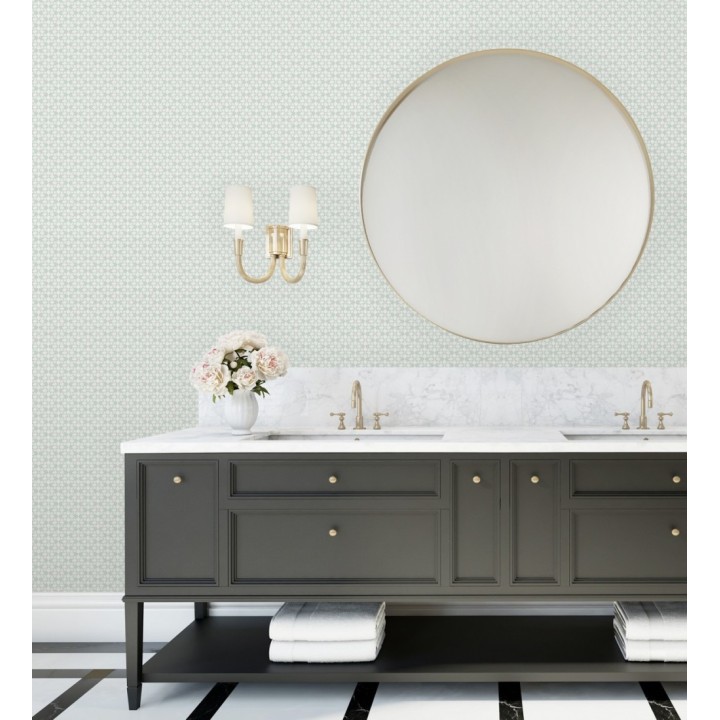 Papel pintado geométrico floral en estarcido blanco y fondo verde agua - Tampere Polaris 684305