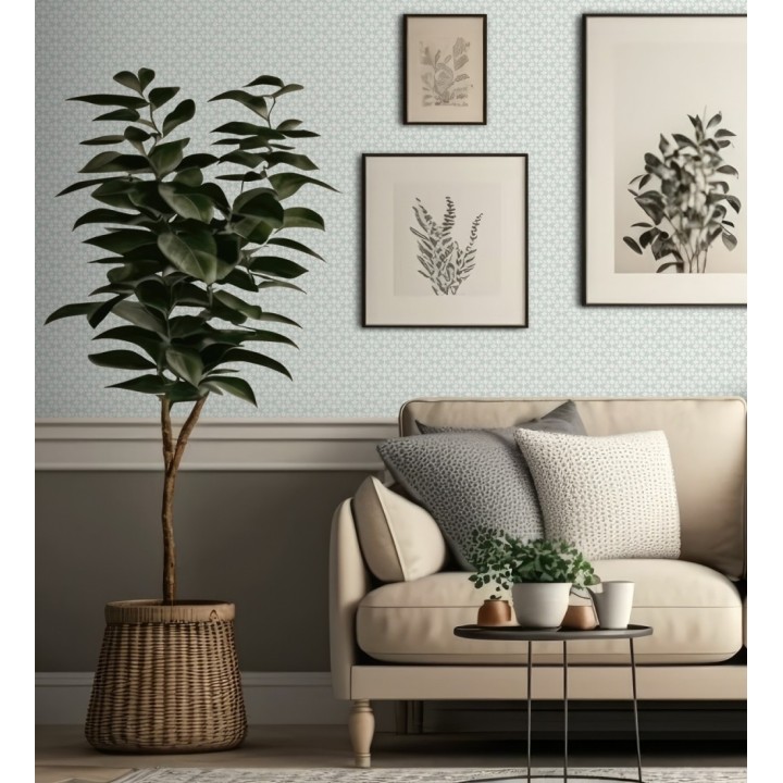 Papel pintado geométrico floral en estarcido blanco y fondo verde agua - Tampere Polaris 684305