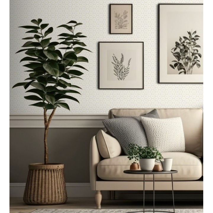 Papel pintado geométrico floral en estarcido blanco y fondo color arena - Tampere Polaris 684306