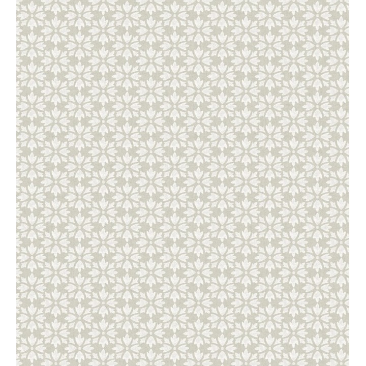 Papel pintado geométrico floral en estarcido blanco y fondo gris taupe - Tampere Polaris 684307