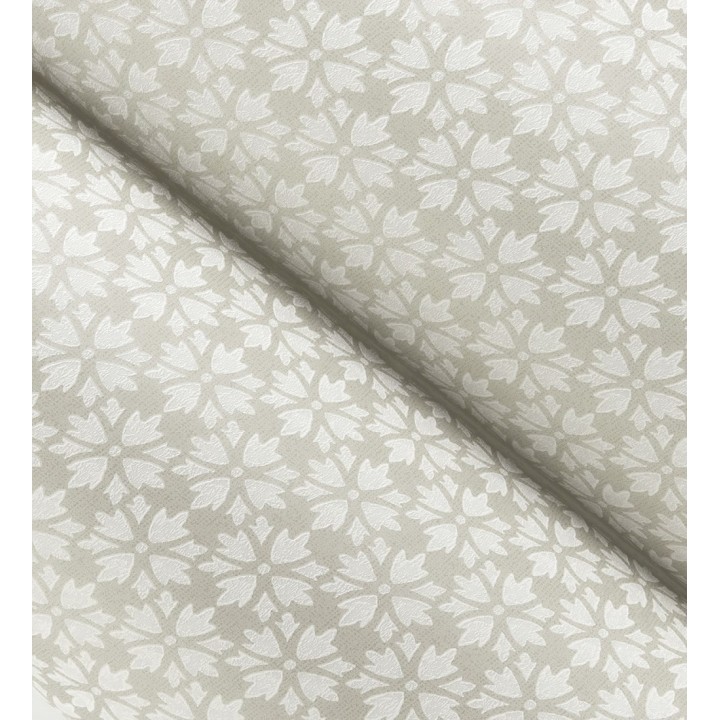 Papel pintado geométrico floral en estarcido blanco y fondo gris taupe - Tampere Polaris 684307