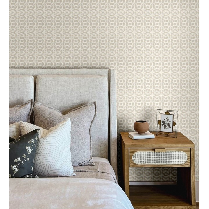 Papel pintado geométrico floral en estarcido blanco y fondo gris taupe - Tampere Polaris 684307