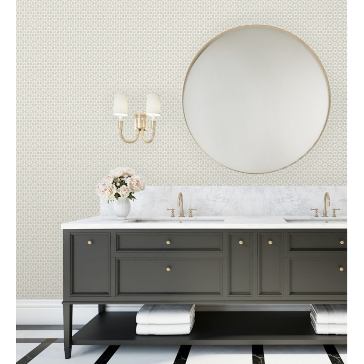 Papel pintado geométrico floral en estarcido blanco y fondo gris taupe - Tampere Polaris 684307