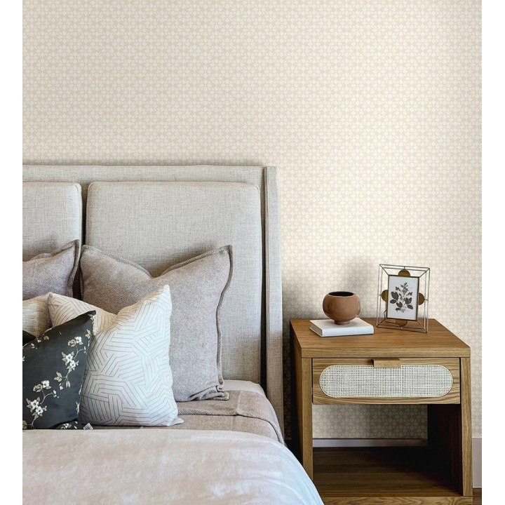 Papel pintado geométrico floral en estarcido blanco y fondo color beige - Tampere Polaris 684308