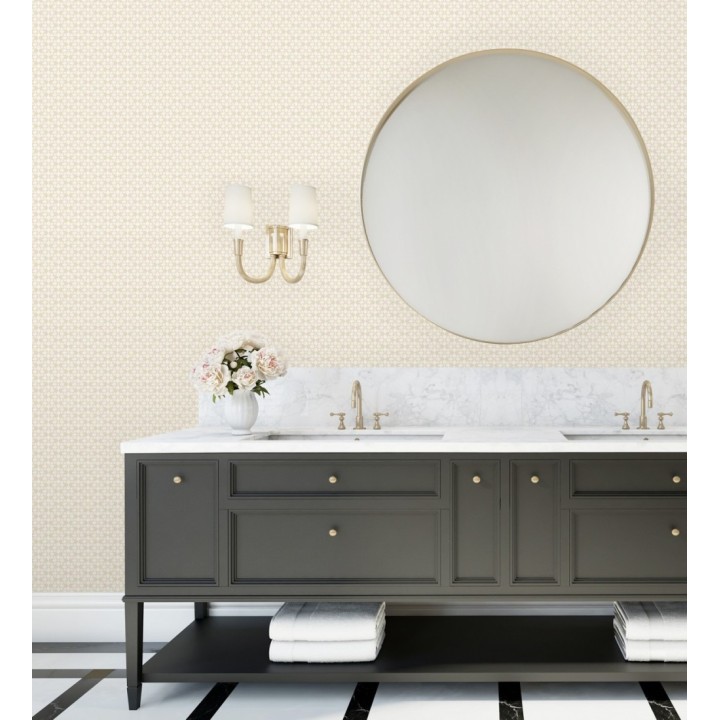 Papel pintado geométrico floral en estarcido blanco y fondo color beige - Tampere Polaris 684308
