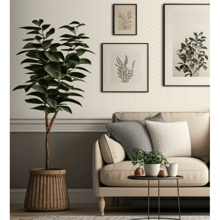 Papel pintado geométrico floral en estarcido blanco y fondo color beige - Tampere Polaris 684308