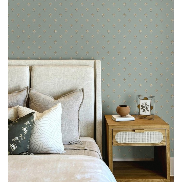 Papel pintado provenzal francés de flores pequeñas fondo verde agua oscuro - Willowmere Ditsy 684309