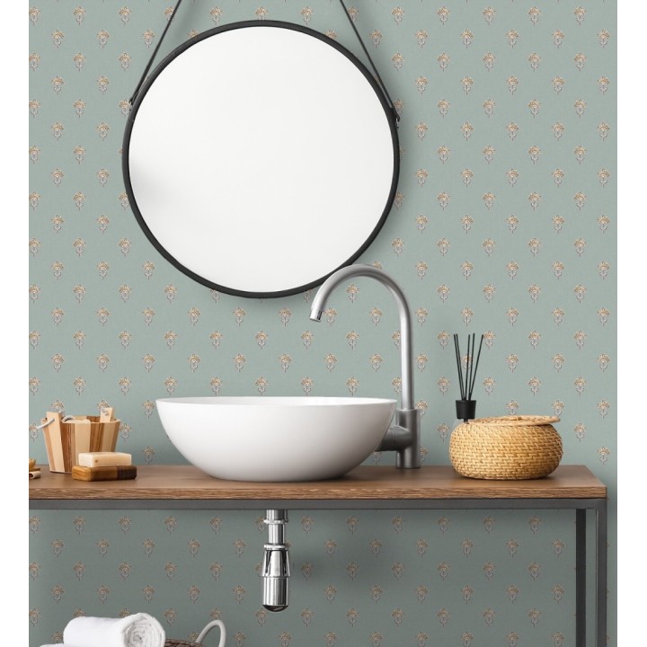 Papel pintado provenzal francés de flores pequeñas fondo verde agua oscuro - Willowmere Ditsy 684309