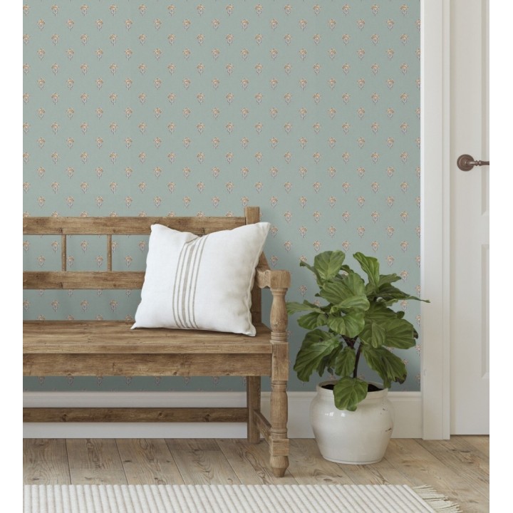 Papel pintado provenzal francés de flores pequeñas fondo verde agua oscuro - Willowmere Ditsy 684309