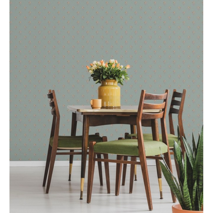 Papel pintado provenzal francés de flores pequeñas fondo verde agua oscuro - Willowmere Ditsy 684309