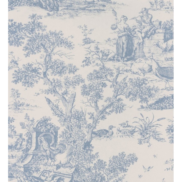 Papel pintado toile de jouy estilo romántico tonos azules - Clermont 126489