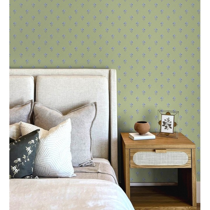 Papel pintado provenzal francés de flores pequeñas fondo verde - Willowmere Ditsy 684312