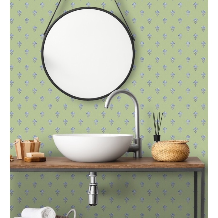 Papel pintado provenzal francés de flores pequeñas fondo verde - Willowmere Ditsy 684312