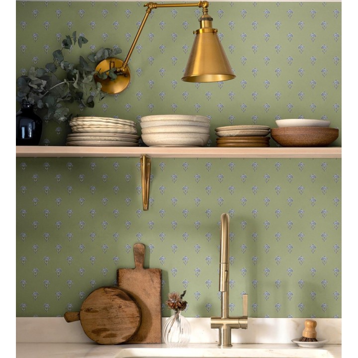 Papel pintado provenzal francés de flores pequeñas fondo verde - Willowmere Ditsy 684312