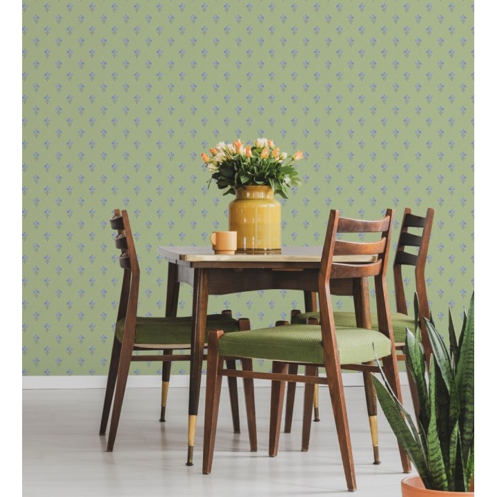 Papel pintado provenzal francés de flores pequeñas fondo verde - Willowmere Ditsy 684312