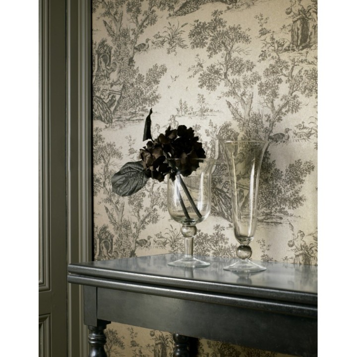 Papel pintado toile de jouy estilo romántico tonos marrones - Clermont 126491